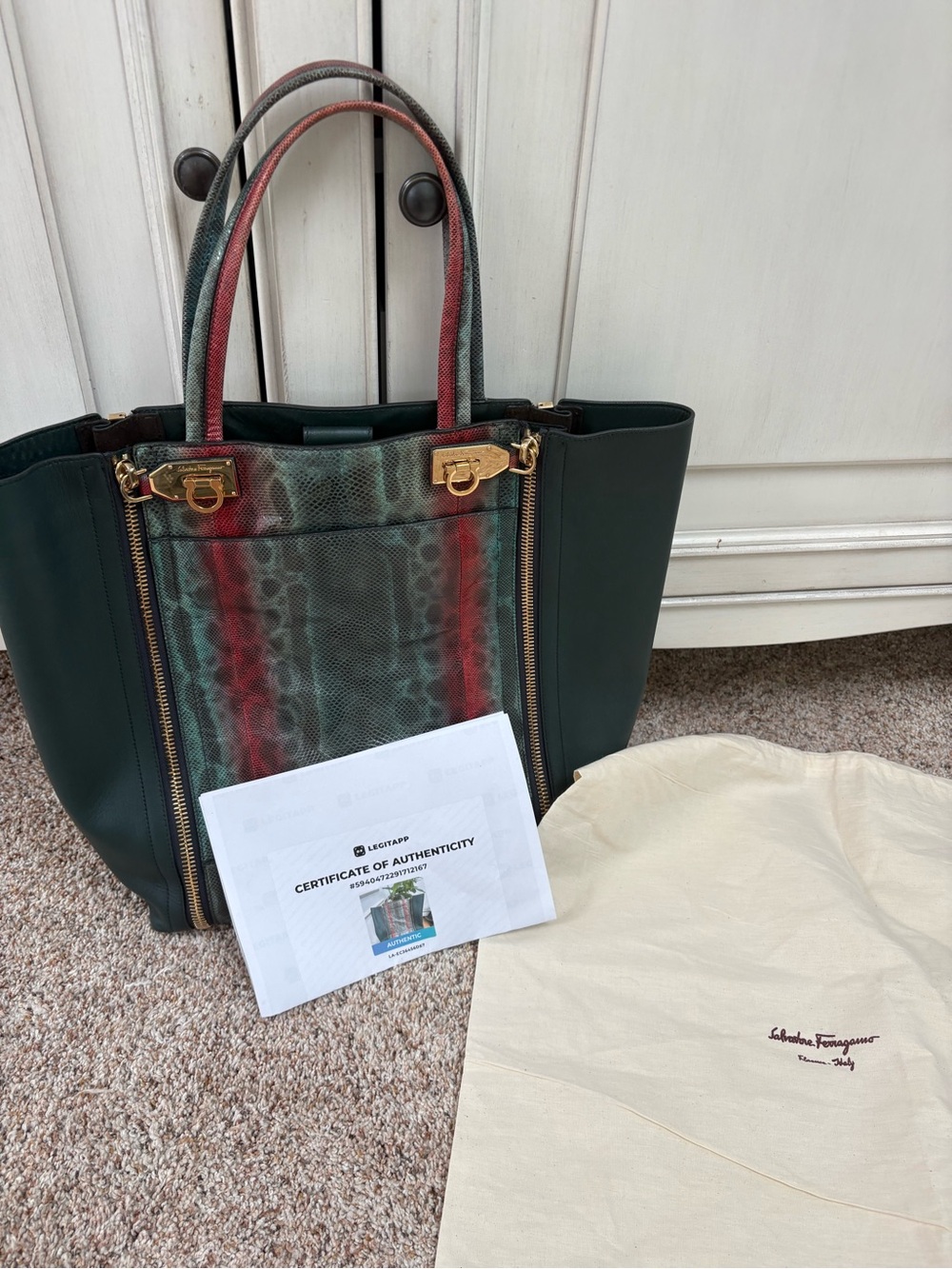 Salvatore Ferragamo Green & Red Snakeskin-Print Leather Tote large EUC